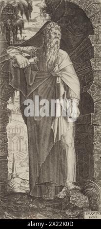St Paul. Plate 10. From: Christ and the Apostles, 1545. St Paul is looking to his left, and holds a tablet in his left hand and a scroll in his right - probably a reference to his authorship of the Biblical Letters of St Paul. His left foot rests on a rock. His garments are somewhat knotted, and his beard is long and scruffy. On the bottom right (by his left leg)  is a shield which bears an image of a word, an allusion to St Paul's martyrdom. Stock Photo