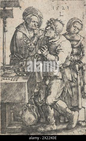 The dentist, 1523. A dentist, clad in a large, fanciful hat and an ornate robe, probing the teeth of a clearly agonised, impoverished peasant. Immediately behind him stands the dentist's demure woman assistant, who picks the patient's purse. Her pained appearance should not be interpreted as sympathy - rather she is disappointed that the pickings are so slim. Stock Photo