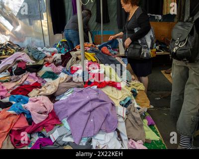 MONTREUIL (Paris), France, Medium Crowd People, Street Scene, Women Shopping for Used Vintage Clothing in Flea Market, Suburbs, Shoes Stock Photo