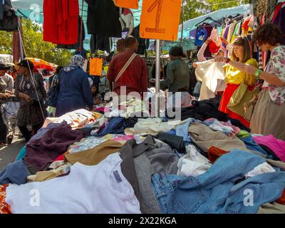 MONTREUIL (Paris), France, Medium Crowd People, Street Scene, Women Shopping for Used Vintage Clothing in Flea Market, Suburbs, Rags Stock Photo