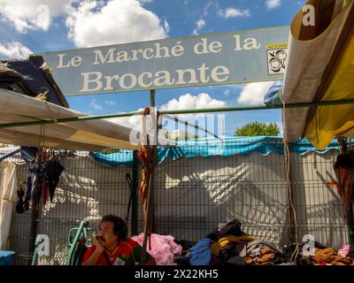 MONTREUIL (Paris), France, Brocante Sign, Street Scene, Man Selling Used Vintage Clothing in Flea Market, Suburbs, Stock Photo