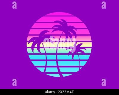Tropical palm trees at sunset in a futuristic 80s style. Summer time, silhouettes of palm trees in synthwave and retrowave style. Design of advertisin Stock Vector