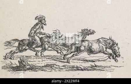 No title - (Rider chasing two horses), 1792-1831. Depicting a bearded mounted horseman giving chase to two other horses. The one in the foreground still drags its reins, indicating that they are runaways. Stock Photo