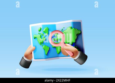 3D Location folded paper map with magnifying glass Stock Vector