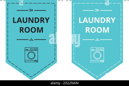 Blue laundry room banner in the shape of pennat with a washing machine icon on it Stock Vector