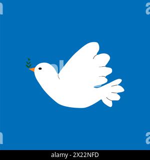 A white dove with an olive twig in its beak on a blue background Stock Vector