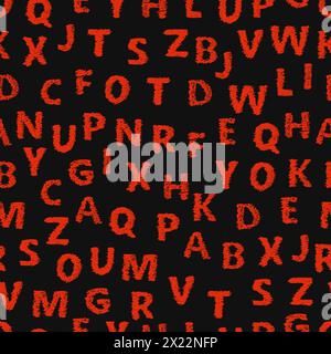 Doodle alphabet seamless background.  Endless vector pattern with red letters on a black background. Stock Vector