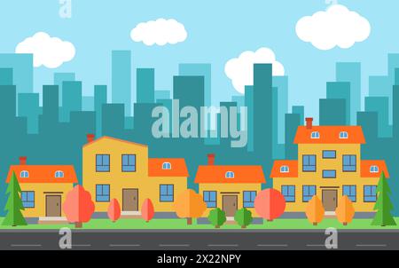 Vector city with cartoon houses and buildings. City space with road on flat style background concept. Summer urban landscape. Street view with citysca Stock Vector