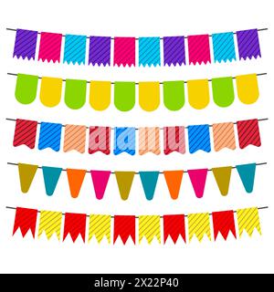 Colorful flags and bunting garlands for decoration. Decor elements with various patterns. Vector illustration Stock Vector