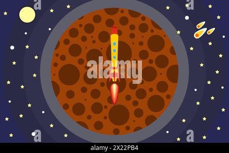 The rocket flies against the backdrop of the planet. The rocket in space. Space travel. Vector illustration with flying rocket. Stock Vector