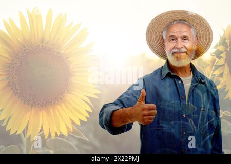 Double exposure of happy farmer and sunflower field. Space for text Stock Photo