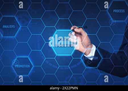Digital marketing. Businessman touching virtual screen with scheme, closeup Stock Photo