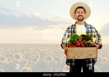 Double exposure of happy farmer and sunflower field. Space for text Stock Photo