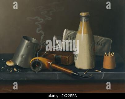 Materials for a Leisure Hour, 1879. Objects for a Leisure Hour conveys the sense of recent human presence through the smouldering pipe resting on the edge of the table, the used matches and the half-eaten biscuit and its crumbs. The sense of fleeting time is also conveyed through the folded-up newspaper in the middle-ground, with its date of publication visible. Stock Photo