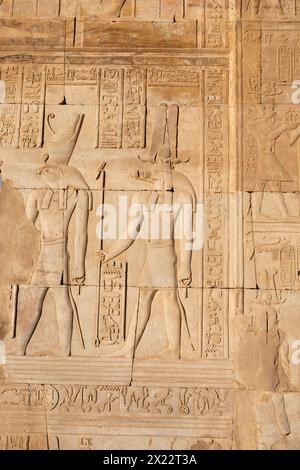 Relief carvings of the Gods Khnum and Horus. The Ptolemaic temple of Kom Ombo on the banks of the River Nile, Aswan, Egypt. Stock Photo