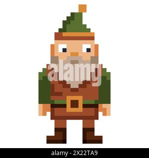 Pixel art bearded gnome isolated on white background. 8 bit leprechaun logo. Fairy tale character. Dwarf mascot. Stock Vector