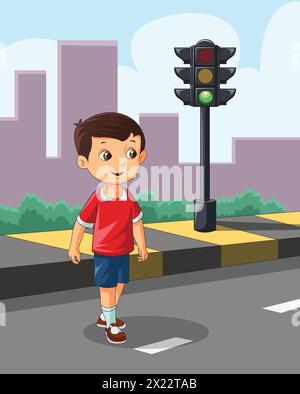 Cute boy walking on the road with traffic lights in the background vector illustration Stock Vector