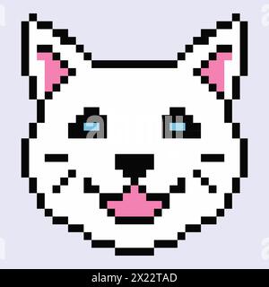 Cute pixel white cat head. Animal 8 bit icon. Kitten with blue eyes. Stock Vector