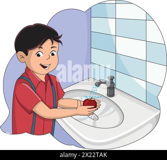 Cute boy smiling and washing apple in tap water vector illustration Stock Vector