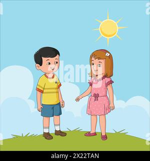 Cute girl and boy talking to each other under the shining sun vector illustration Stock Vector