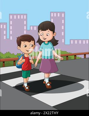 Vector cute girl and boy walking on the footpath vector illustration Stock Vector