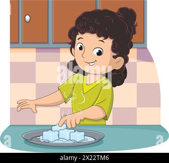 Cute girl touching ice cubes with hand vector illustration Stock Vector
