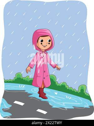 Cute girl wearing raincoat and walking on the road in the rain vector illustration Stock Vector