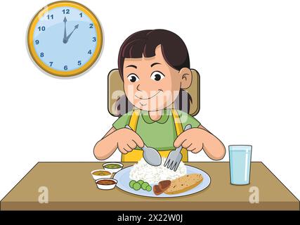 Cute smiling girl having rice, vegetables in lunch vector illustration Stock Vector