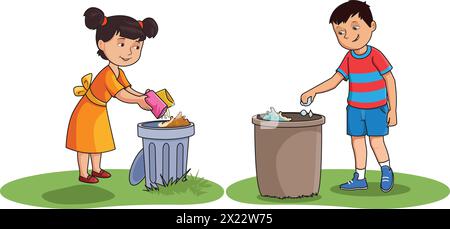 Girl and boy throwing garbage in dustbins vector illustration Stock Vector