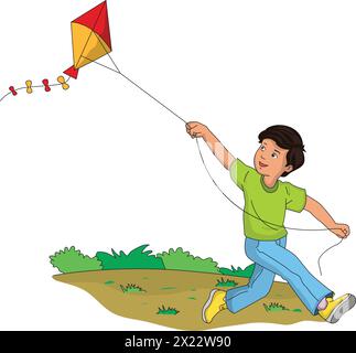 Vector front view of boy flying kite vector illustration Stock Vector