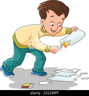 Vector naughty boy burning a paper with a candle vector illustration Stock Vector