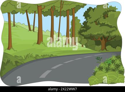 Vector road with lush green trees on both sides vector illustration Stock Vector