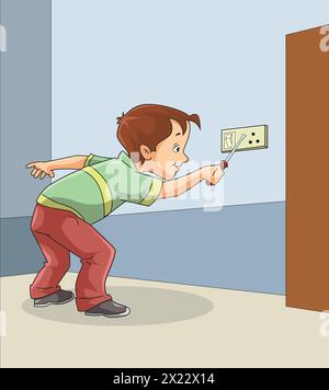 Vector naughty boy putting screw driver in the electric switch vector illustration Stock Vector