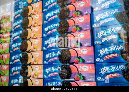 Imported Chinese Oreo cookies are seen in the window of a store in Chelsea in New York on Friday, April 12, 2024. China is the second largest market  for Mondelez InternationalÕs Oreos and Chips Ahoy! cookies. (© Richard B. Levine) Stock Photo