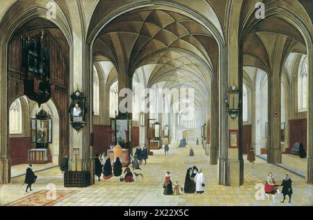 Interior of a Gothic Church, 1615. A church with a principal nave and two lateral aisles, separated by solid columns supporting the vault. A whiteish light filters in through the side windows, which are of plain glass, flooding the interior and emphasising the dimensions and depth of the building. Neeffs depicts a plain, light-filled interior with small side chapels located both along the side walls and attached to the columns of the nave. In one of these lateral chapels a mass is being celebrated by a priest with his back to the viewer and some kneeling worshippers. This may be a funeral as i Stock Photo