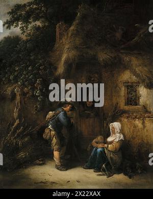 Traveller at a Cottage Door, 1649. A traveller or possibly an itinerant worker to judge from his clothes and the objects he carries (a satchel and sheepskin rucksack) at the entrance to a humble dwelling. Van Ostade used the fa&#xe7;ade of this poor cottage as the backdrop for the traveller and the three members of a peasant family. The traveller is seen standing, leaning on his staff while he speaks to the woman seated on the ground who has placed her spinning tools beside her. Their young son, with his hat on the ground, timidly hides his face in his mother&#x2019;s lap. Meanwhile the father Stock Photo