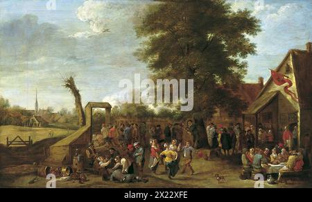 The Village F&#xea;te, 1650. Under the watchful eye of the innkeepers standing at the doorway, a tranquil group of figures is seated around a table. In addition, the group of dancers in the centre and the group of the left who start to show the results of excessive consumption of alcohol all provide further opportunities for depicting poses and movements. Teniers used the middle-ground of the painting for additional groups of figures seen in animated conversation. Stock Photo