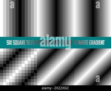 Black to white gradient in square tiles, seamless vector pattern, grey scale, contrasting tones, collection of six Stock Vector