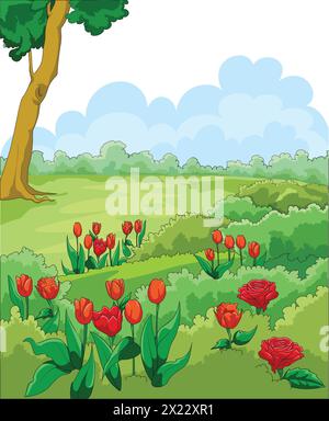 Vector illustration showing beautiful flowers and tree Stock Vector