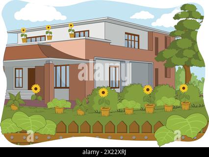 Vector illustration showing a big bungalow with trees on the outside Stock Vector