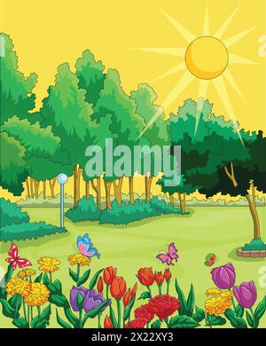 Vector illustration showing flowers, trees and brightly shining sun Stock Vector