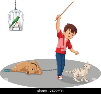 Vector illustration showing a parrot in cage, a chained dog and a boy hitting a cat Stock Vector