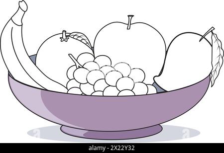 Vector illustration showing outlines of banana, apple, mango, grapes and orange placed in a basket Stock Vector