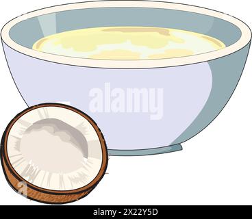 Vector illustration showing coconut  and coconut oil in a bowl Stock Vector