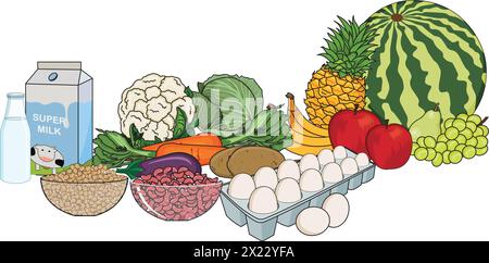 Vector illustration showing vegetables, fruits, Stock Vector