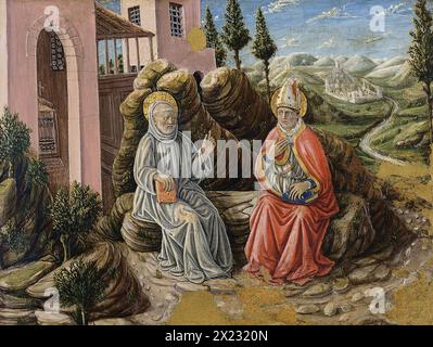Saint Sabinus conversing with St. Benedict, 1473. Stock Photo