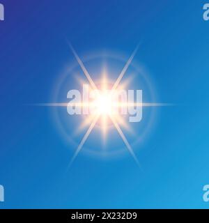 Sun and rays in noon. Bright sunbeams on blue sky. Stock Vector