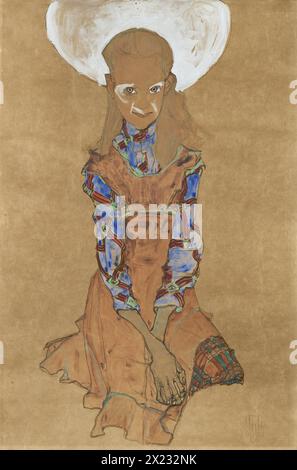 Seated Girl (Poldi Lodzinski), 1910. The model Poldi Lodzinsky, the daughter of a bus driver of Krumau, poses sitting with her hands on her lap. The painting is notable for the delicate handling of the patterned fabric of the dress. Stock Photo