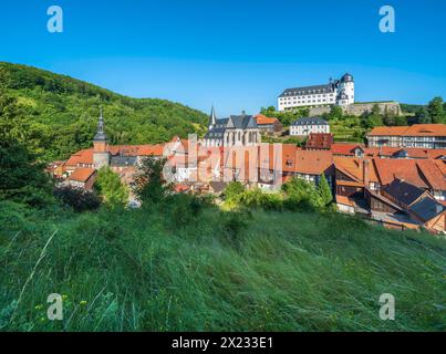 View of Stolberg with castle, Saigerturm, St. Martini church and half-timbered houses in the old town, Stolberg im Harz, Saxony-Anhalt, Germany Stock Photo