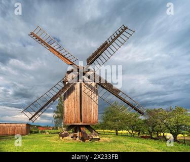 Windmill in front of a stormy sky, windmill, trestle windmill, Sargstedt, Saxony-Anhalt, Germany Stock Photo